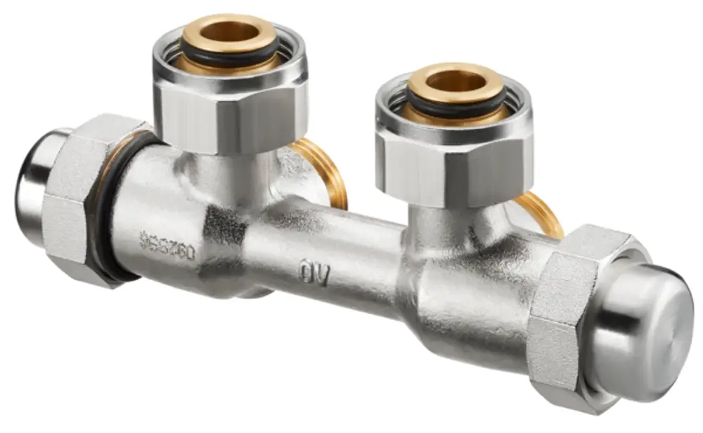 Oventrop Anschlussarmatur mit zwei G 3/4 Anschlussmöglichkeiten, aus hochwertigem Metall, für effiziente Verbindungen in Heizungs- oder Sanitärinstallationen.
